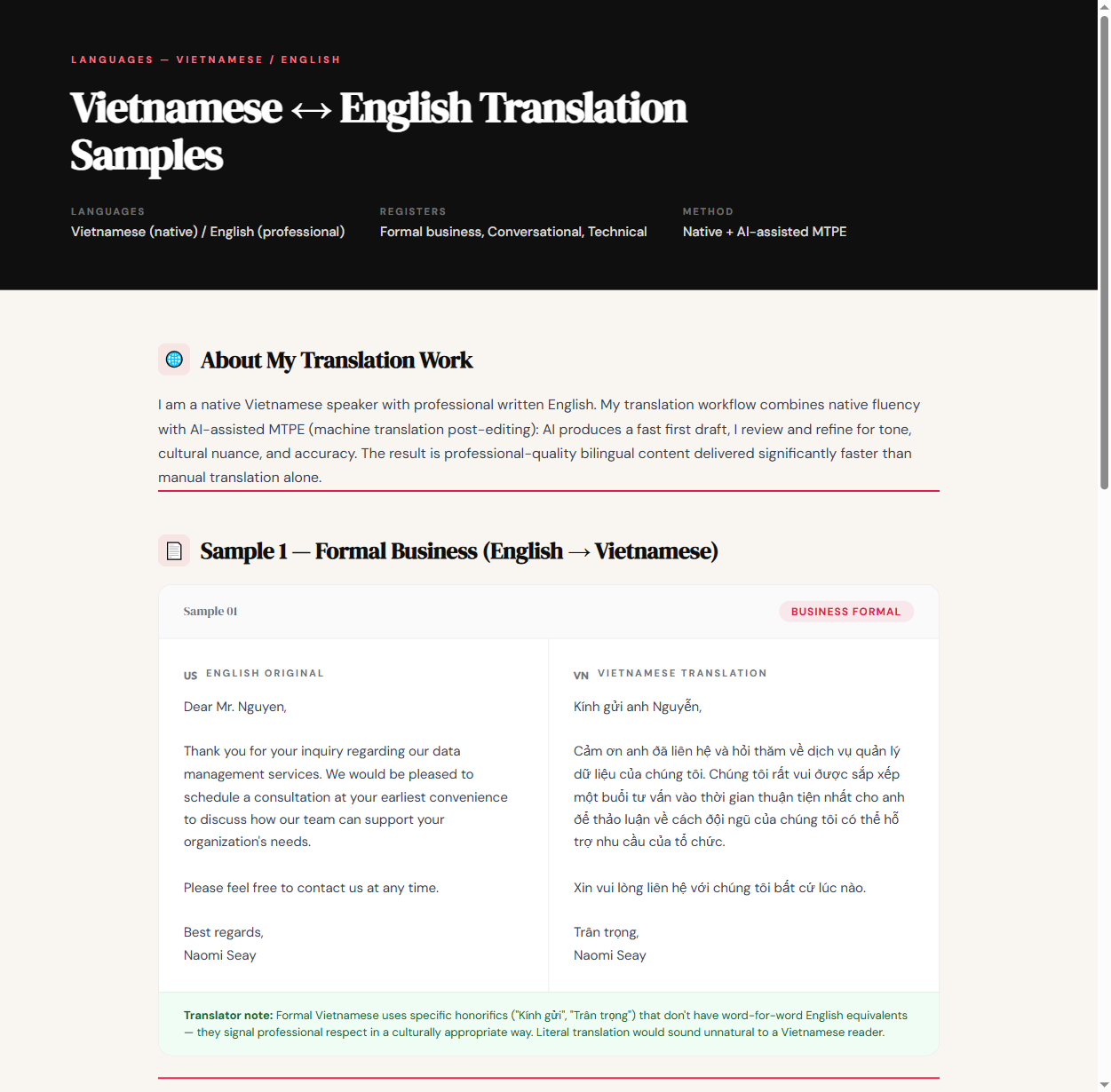 Vietnamese to English Translation Samples